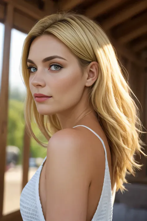 beautiful blonde woman facing forward looking directly forward