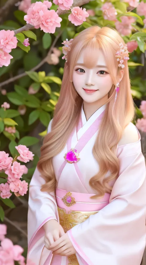 Golden Hair、Beauty、His eyes are shining、Pink flowers background、god々Shii、chinese hanfu、Pink heart crystal in hand、hair ornaments、１７Year old girl、Smiling、Shoulders stick out、Watching the viewer