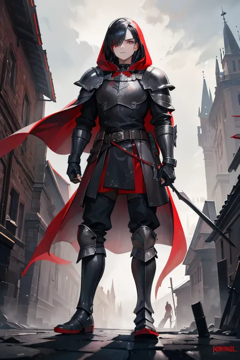 a medieval warrior, man with black hair, medieval armor, gothic, gothic architecture in the background, gloomy fog covering the place, a cape and red hood over the armor, iron boots, full body, best quality, artwork cousin, red hood on the head like little...