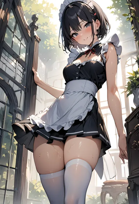 (((masterpiece, highest quality:1.3))),cowboy shot,25 year old beauty, solo,((very small head:1.2)),short bob hair,bangs,black hair,black eyes,blush,smile,medium breasts,(((very long body,slender body))),skinny,gleaming skin,oily skin,(japanese maid unifor...