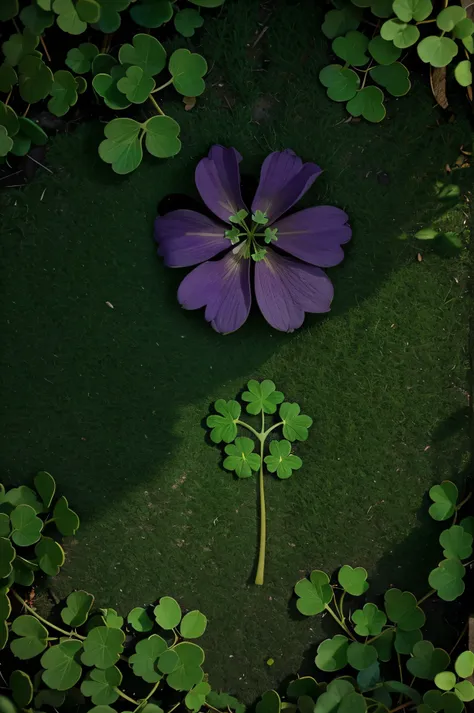 a close up of a four leaf clover surrounded by green, purple and orange leaves, a picture by Samuel Scott, pexels, hurufiyya, four leaf clover, clover, background full of lucky clovers, wallpaper - 1 0 2 4, green blessing, #green, irish genes, 👰 🏇 ❌ 🍃, bea...