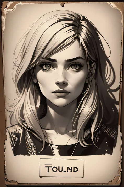 A girl in a mugshot, sketch, black and white, detailed features, vintage style, high contrast lighting, expressive eyes, tousled hair. (best quality, highres, realistic:1.37), vintage, monochrome, intense gaze, dramatic lighting, rugged background, distres...