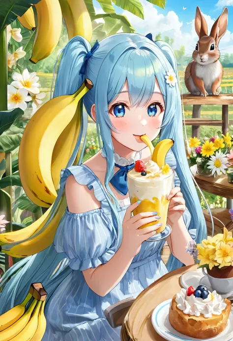 Big big banana parfait　Light blue long hair　beautiful girl with twin tails　Eat delicious bananas at a banana farm cafe　A squirrel and a rabbit are watching　There are many flowers around the cafe.