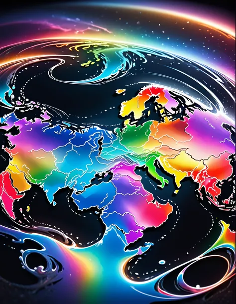 A world map drawn in liquid metal on a black background,The dark background highlights the beauty of the liquid metal,High quality black leather with silver liquid metal land pattern,Smooth and beautiful liquid metal,Shining in pale rainbow colors,Material...