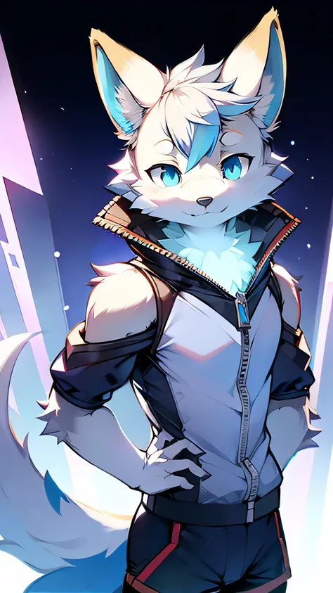 Rystal, Star Fox, Male, (A detailed), fluffly, Solo, , fotorealistisch, ((clear structural details)), Meticulous and realistic, Detailed eyes, (Turquoise blue pupils), ((Silvery-white glowing eyes)), Evil smile, Smile, slenderness, soft, 4K, Excellent qual...