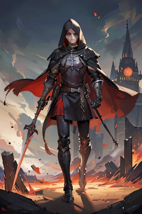 a medieval warrior, man with black hair, medieval armor, gothic, gothic architecture in the background, gloomy fog covering the place, a cape and red hood over the armor, iron boots, full body, best quality, artwork cousin, red hood on the head like little...