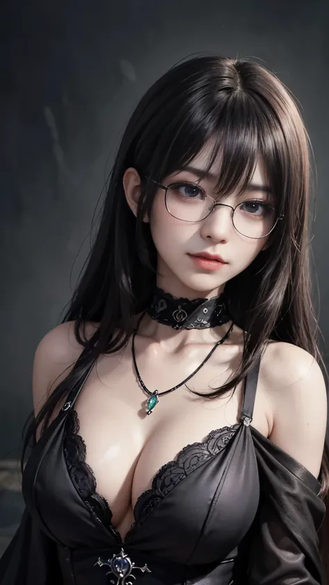 (highest quality,4K,8k,High resolution,masterpiece:1.2),Very detailed,(Realistic,photoRealistic,photo-Realistic:1.37), Close-up of a woman with dark hair and wearing a black dress, Dark Eyes,an  ominous笑顔,((((Glasses))))、((((large sapphire skull necklace))...