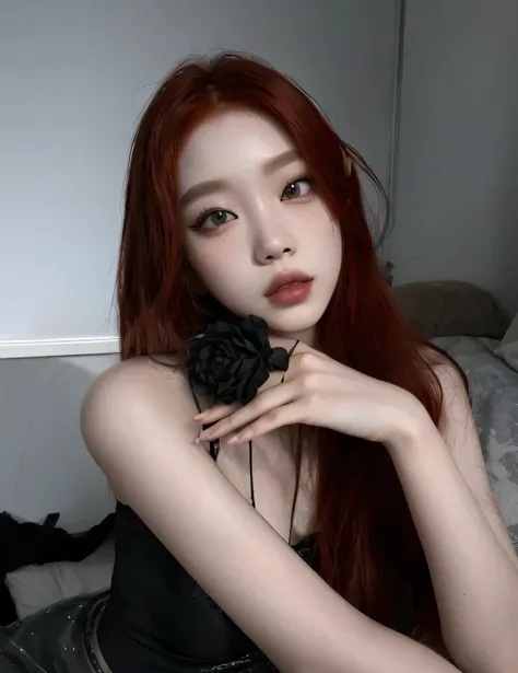 Theres a red-haired woman posing for a photo, cruel korean goth girl, portrait of jossi do blackpink, Ulzzang, jossi do blackpink, estilo de arte realista, inspirado em Sim Sa-jeong, inspirado em Kim Deuk-sin,  coreana, obras de arte no estilo de guweiz, e...