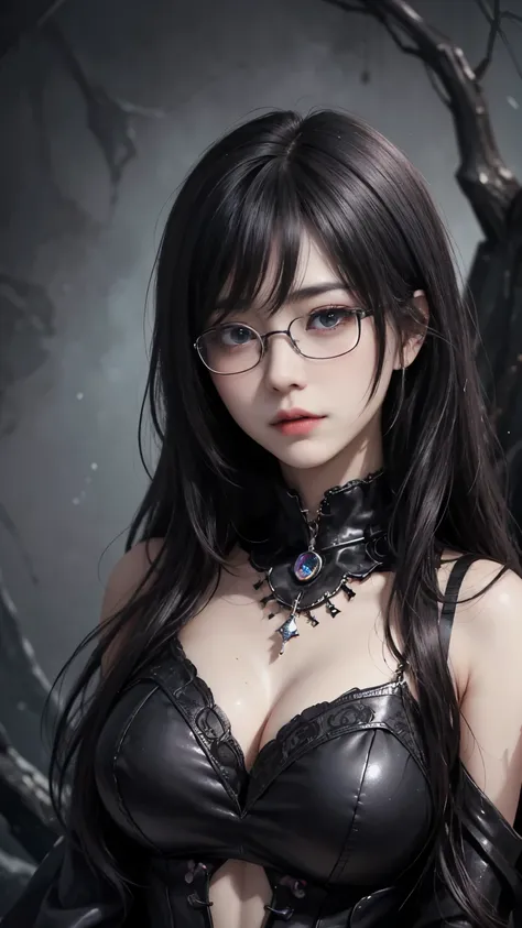 (highest quality,4K,8k,High resolution,masterpiece:1.2),Very detailed,(Realistic,photoRealistic,photo-Realistic:1.37), Close-up of a woman with dark hair and wearing a black dress, Dark Eyes,an  ominous笑顔,((((Glasses))))、((((Large skull shaped sapphire nec...