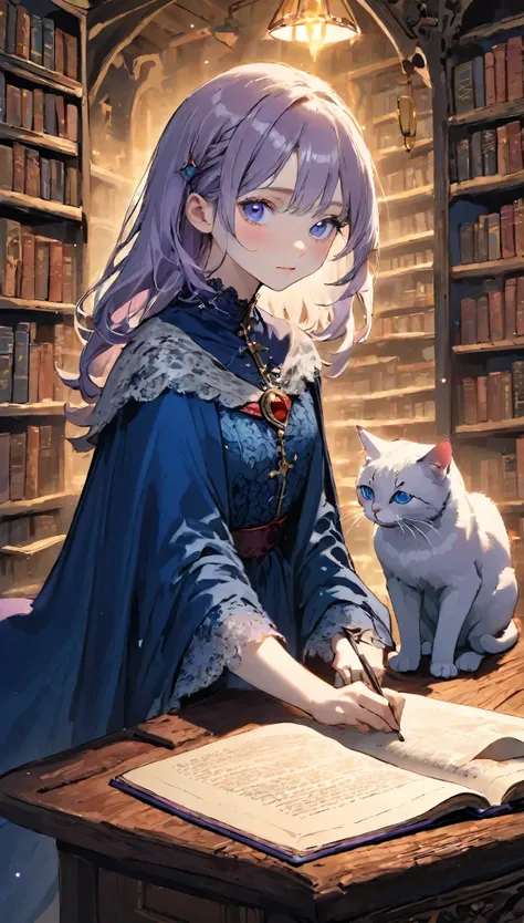 (Highly detailed face, avert your eyes:1.3), (Gothic fantasy illustration & ukiyo-e & Comic art), (1 female, 2. Cat:1.5), (Shes turning away, An open book of spells on a desk in her magical lab, holding a cat with both hands:1.2), (A middle-aged, white-hai...