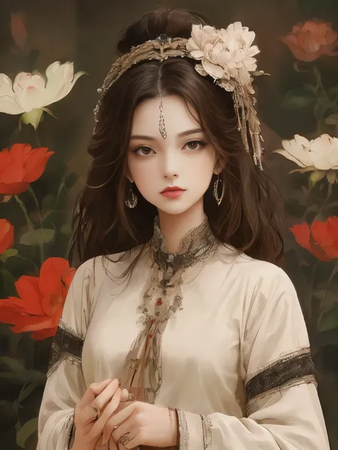 yoshitaka amano's painting style, beautiful girl with long white hair, fair skin, and red eyes, in the woods with cinematic ligh...