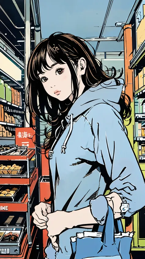 in front of a convenience store at night、lawson、girl、whole body、front、blue hoodie、black hair、long hair、