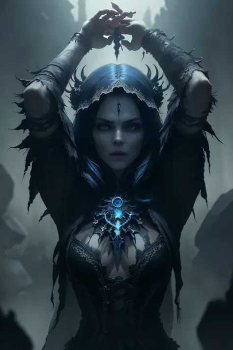 "A highly detailed and intense depiction of a terrifying female necromancer, Mid shot and dramatic capture shot in ultra detailed 8K wallpaper, Showing complex complexity".