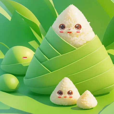 kawaii 3d chibi zongzi,a triangular green rice dumpling, different expressions,pop matt blind box toy, front view, clean backgro...