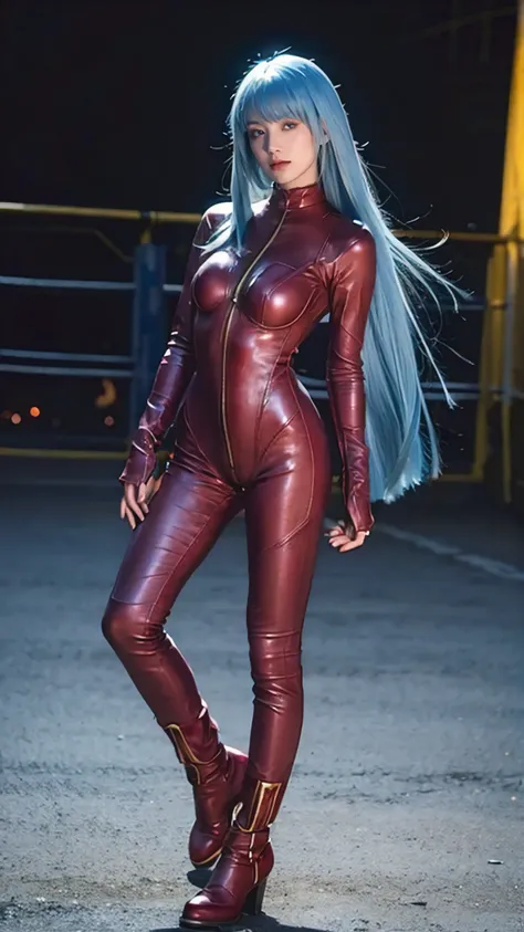 (masterpiece), best quality, expressive eyes, perfect face ((kof)), ((king of fighters)), ((kula diamond)), kula, ((long blue hair)), ((young girl)), ((full maroon leather bodysuit)), ((zip red, maroon full bodysuit)), skintight, breasts exposed, red eyes,...