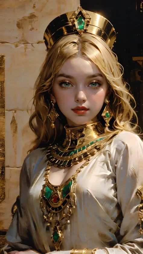 1 Girl,Blonde Hair，straight blonde hair，Egyptian clothing，Egyptian Dress Up，Egyptian Queen，Welcome，Young girls，Emerald eyes，Exquisite eyes，beautiful face，Stand by the lotus pond，Detailed CG，image，beautiful，Smooth and fair skin，Ultra high quality，Egyptian E...