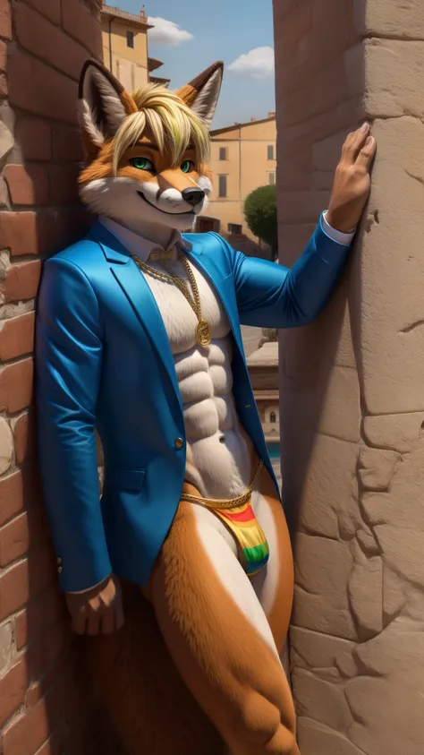 a fursuit Fox male muscular adult alone Italian 35 years old blue coat Golden hair gold chain and green eyes looking at the viewer with a seductive smile wearing nothing just a cute and very revealing gay thong is outdoors posing for camera somewhere rando...