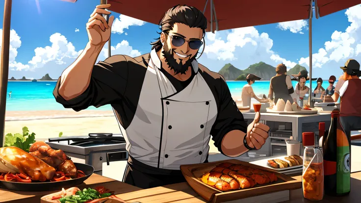 Man in sunglasses with beard, smiling, anime style, chef, cooking on the beach, on the pistol table, spaceships in the air