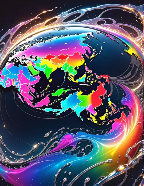 A world map drawn in liquid metal on a black background,Japan、The dark background highlights the beauty of the liquid metal,High quality black leather with silver liquid metal land pattern,Smooth and beautiful liquid metal,Shining in pale rainbow colors,Ma...