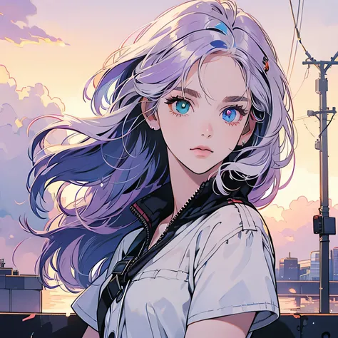 upper body, 1 woman, top quality, 8K, wind blowing, white short sleeves, sunset, future city, skyscraper, power lines, crosswalk, sign, railroad tracks, train station, (((shining eyes))), (((strong gaze))), light purple hair, detailed hair, complex backgro...