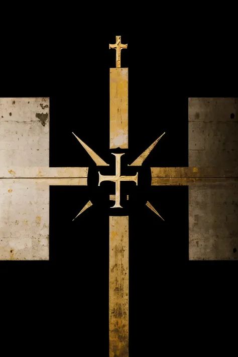 A black Catholic flag with 10 symbols of war