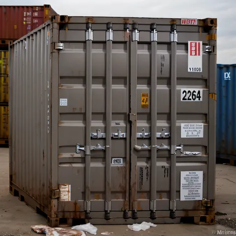 Hyperrealistic photo, ((without deformations)), high resolution, f/15 with high depth of field, shipping container (gray background)