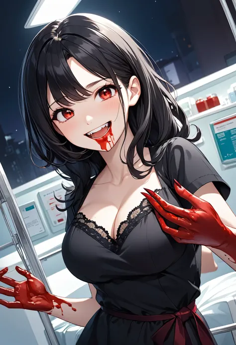 detailed illustration, dynamic angle, ultra-detailed, illustration, 1girl, 18 year old, dark, night, hospital, blood bank, nighttime, vampire, black dress, cleavage, red eyes, detailed eyes, long black hair, blood on mouth, from the side, delighted, happy,...