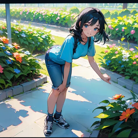 (high quality, High resolution, Very detailed, reality:1.37), Peaceful atmosphere, (Outdoor, garden), Teenage girl standing alone, (my breasts are big.), Beautiful details, Cute Smile, (Black bob hair), Short sleeve shirt, Denim pants, Blue socks, sneakers...