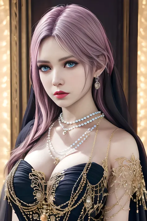 1 girl, ice-crystal embellished dress, jewel, lace cloak, fluffs, pearl bodychain, ethereal glow, regal elegance, intricate details, luxurious, royal, otherworldly beauty, dark atmospheric background, supernatural aura, beautiful detailed eyes, beautiful ...