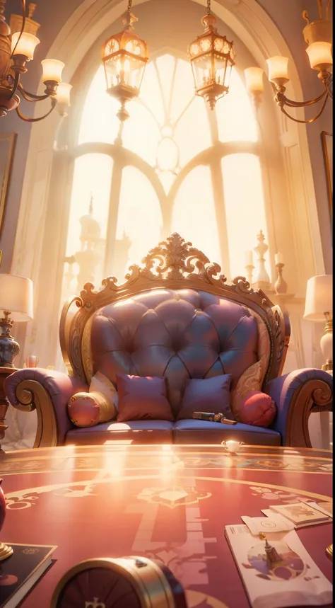 Middle East scene architecture style, Middle East game scene interior, A large round table in the foreground with three chairs placed symmetrically around it,luxury,Chairs placed sideways, side view,Manga style, secondary, beautiful room, beautiful scene o...