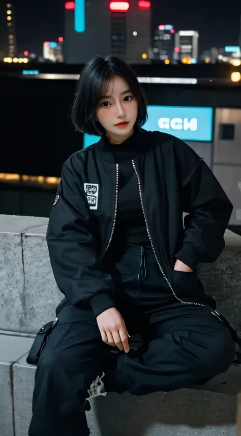 1girl,uciha sarada in anime boruto, Best quality, Masterpiece: 1.2),(best qualtiy,8K, Yes,32K,masterpiece,hyper HD:1.2) , 20 years old, arafed girl sitting on a ledge with his feet up, 2 techwear women, photograph of a techwear woman, wearing urban techwea...