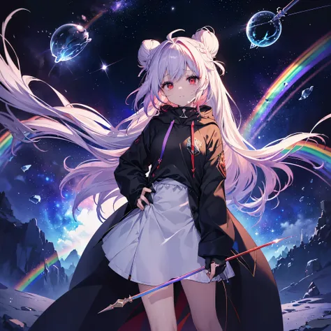 (((hold a rapier　long)))　((fantasy　rainbow hair　long髪　bun hair　dull red eyes　high neck hoodie　mouth is covered by clothing　put o...