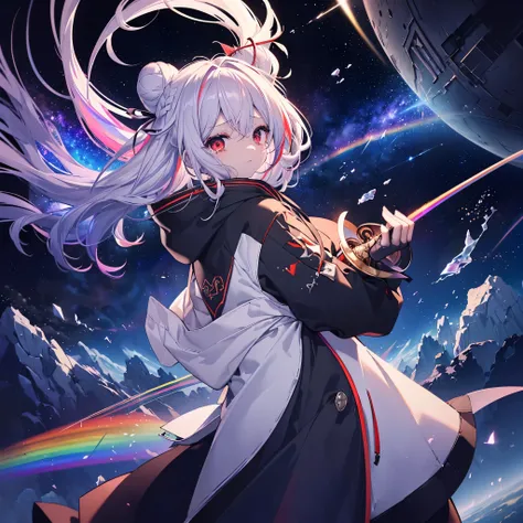 (((Hold a rapier　long)))　((Fantasy　Rainbow Hair　long髪　Bun Hair　Dull red eyes　High Neck Hoodie　Mouth is covered by clothing　Put on a coat without putting your arms through it　Lonely　despair))　((tears　gloves))　(Broken glass　Distorted Space-Time　star　moon)　Ca...