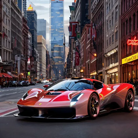 visualize a stunning scene featuring a highly detailed ferrari concept car gracefully cruising down the iconic main street in do...