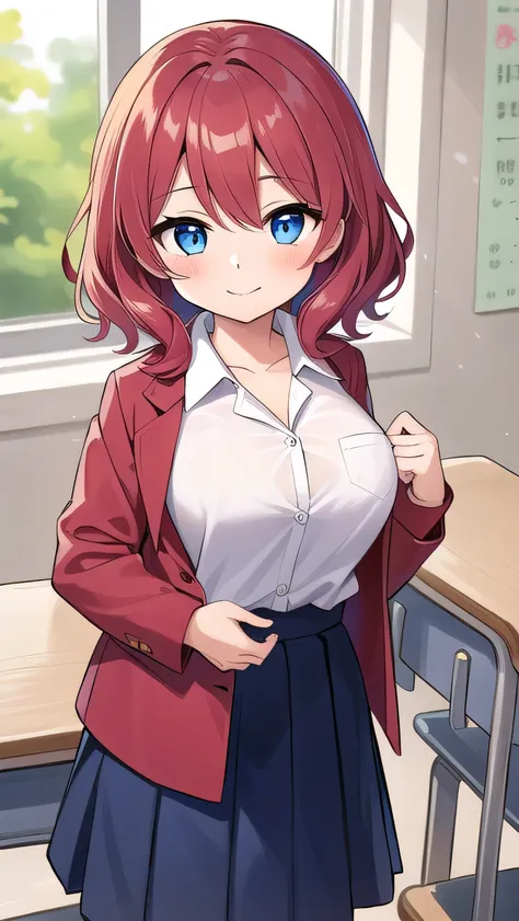 Big breasts, red hair, blue eyes, droopy eyes, red jacket, long sleeves, navy skirt, elementary school student, super big breasts, (medium hair: 1), baggy clothes, elementary school student, young face, short height, 10 years old, old, shy Agari, smiling a...