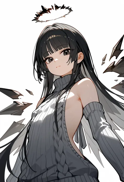 (score_9, score_8_up, score_7_up), 1girl, cute young girl, black hair, blunt bangs, long hair, broken halo, black eyes, mole bel...