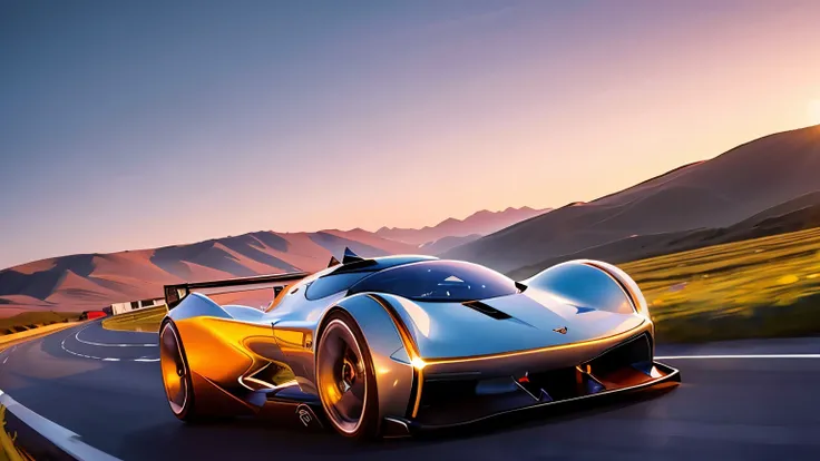 Imagine a concept car, concept design, super race car, the car driving down a perfectly straight highway towards a beautiful horizon. The car’s polished chrome gleams in the soft glow of the setting sun. The road is flanked by rolling hills and wildflowers...