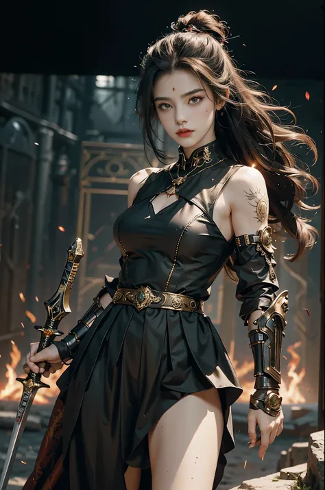 (ultra-realistic),dark fantasy and sci-fi, ultra-realistic photo, ancient girl,female warrior, 18 years old, strong, beutyfull ancient goddess of war in futuristic world, glowin eyes, wearing transparent tunic and armor, treacherous smile, beautiful and lo...