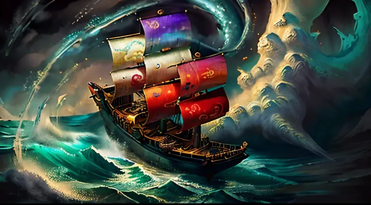 ancient Chinese sail ship, stormy ocean,fantasy style,highly detailed,vivid colour