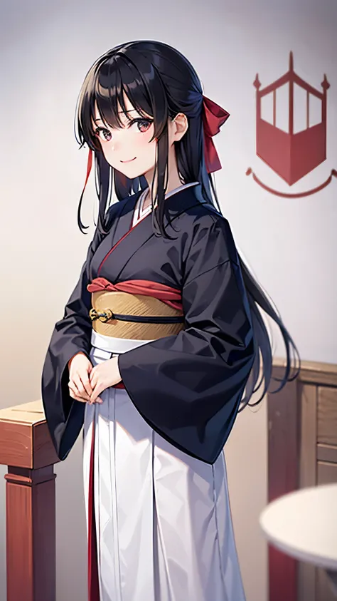 1 Japanese girl, long black hair straight、Red Japanese style ribbon,Taisho era girls,15 years old、 Kimono with an arrow feather pattern、Navy blue hakama、smile、Castle town background Castle white wall background