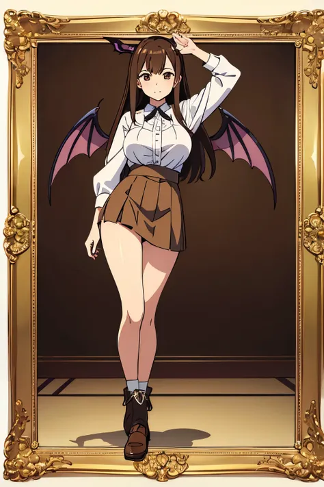 highest quality、masterpiece、Full body portrait、Big Tits、Brown Hair、National costume、White blouse、Brown skirt Succubus wings、Pull up your skirt to show off your panties、