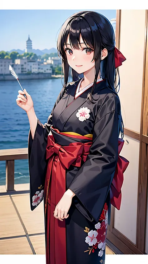 1 Japanese girl, Straight long black hair、Red Japanese style ribbon,Taisho era girls,15 years old、 Kimono with an arrow feather pattern、Navy blue hakama、Smiling、Castle town background、White Wall