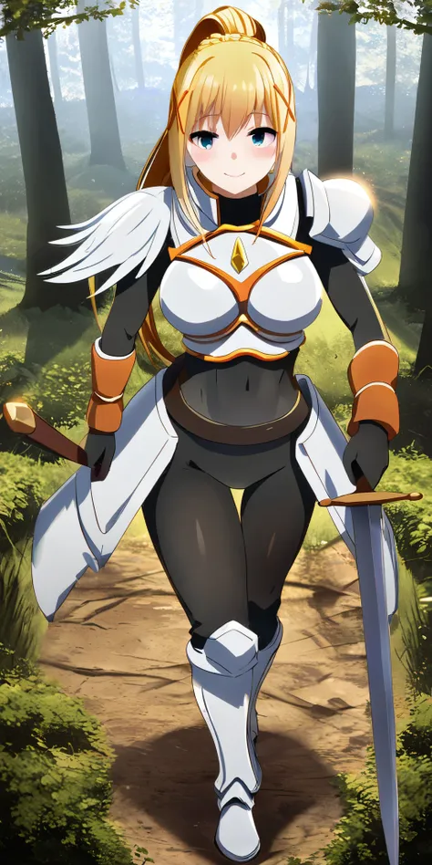 a woman wearing tight black clothing, white armor with orange details, blonde hair, ponytail hair, blue eyes, smiling, holding a...