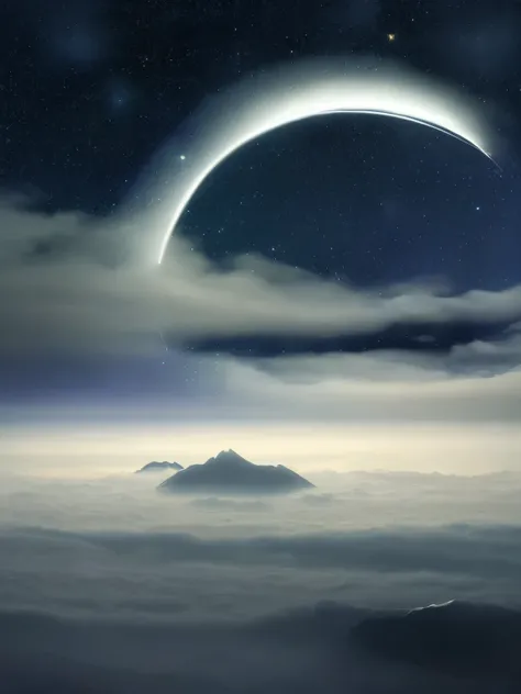 a view of a night sky with a crescent above the clouds, a matte painting by Shi Rui, flickr, space art, extremely beautiful and ethereal, fog and starry skies, glowing clouds, dreamy night, colorful night sky, beautiful night sky, foggy night sky, glowing ...