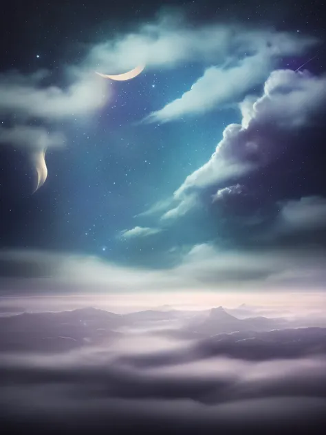 a view of a night sky with a crescent above the clouds, a matte painting by Shi Rui, flickr, space art, extremely beautiful and ethereal, fog and starry skies, glowing clouds, dreamy night, colorful night sky, beautiful night sky, foggy night sky, glowing ...