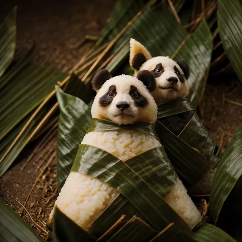 A panda-shaped zongzi, made of glutinous rice, has a cute expression, the lower half of the body is wrapped in tapered leaves, the head sticking out of the leaves, equidistant, cartoon-style, Macro Lens, studio light, nature, soft lighting, film grain, cow...