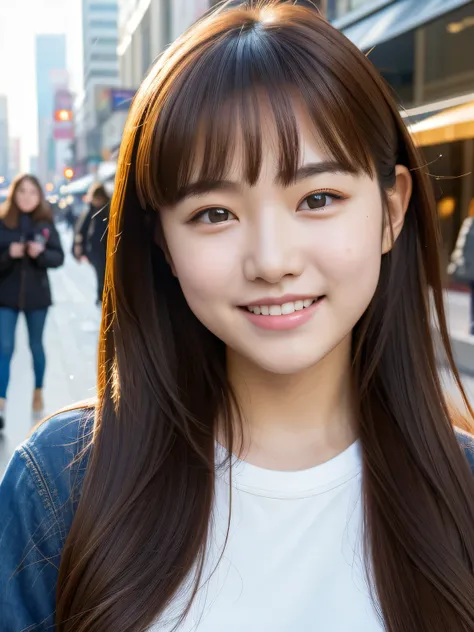 (highest quality, 8k, 32k, masterpiece, Ultra-high resolution:1.2), Ultra-high resolution, (Cute Korean Teenage Girl), Baby Face, Big Breasts, (whole body), Beautiful fine details, Long brown hair, bangs, A light smile, (Busy street in the city:1.3), (Deta...