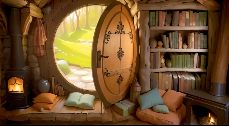 cozy hobbit house with side fireplaces, rounded door and bookshelf. Theres a bed in the ground with pillows