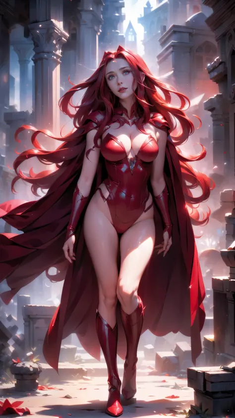 best quality,ultra-detailed,realistic,(sexy scarlet witch) ,beautiful detailed eyes, beautiful detailed lips,( long red hair:1.4...