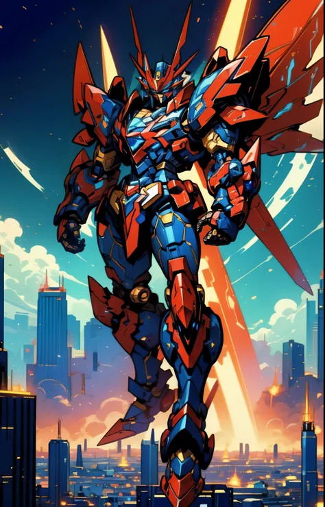 Humanoid Mecha, fully enclosed shoulder guards, matching arm and leg guards, full body, full armor, super robot, the design balances heavy with agility, (the color scheme is primarily white with red and blue accents, the concept Inspired by super robot, ro...